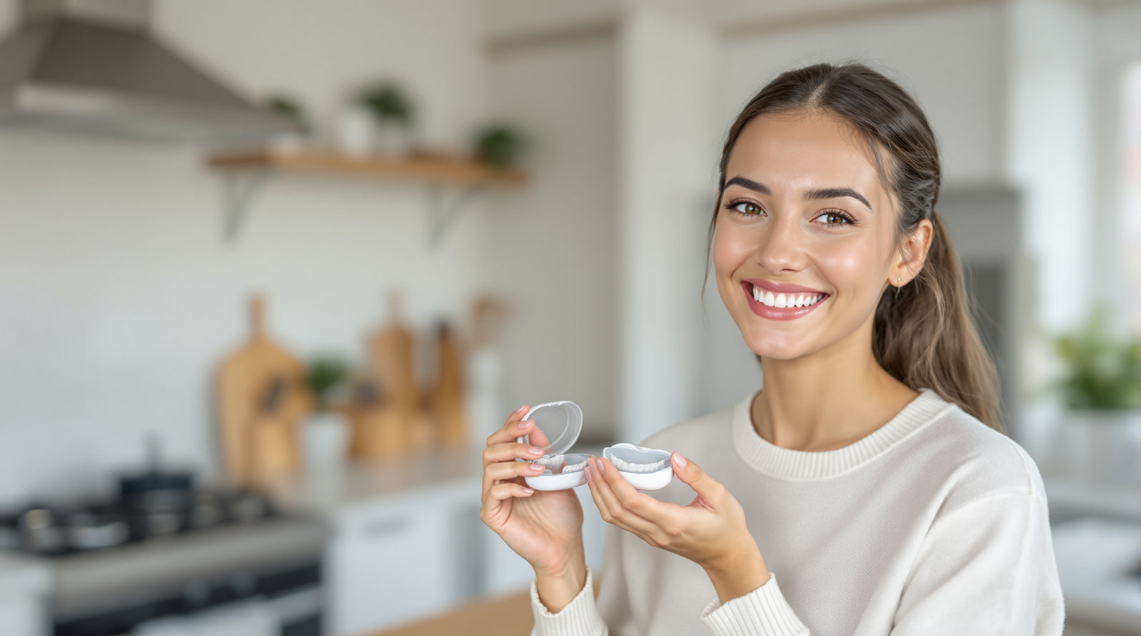 Canadian woman holding her replacement retainer — NewSmile reorder kit for Canada customers