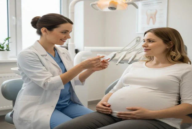 Dentist showing a night guard to a pregnant patient