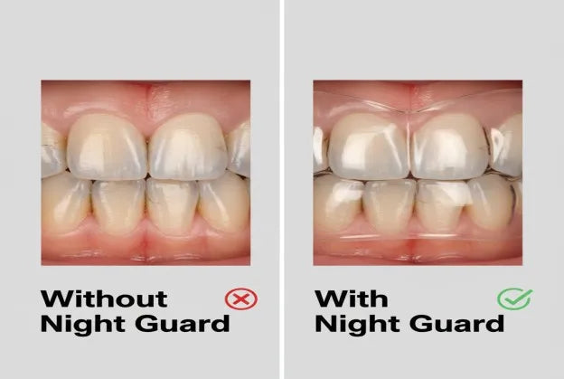 Close-up of teeth showing signs of wear and protection from night guard