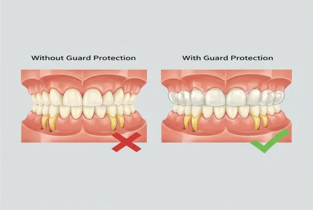 Dental model showing gum recession with and without guard protection