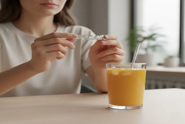 Woman holding clear night guard beside a glass of orange juice