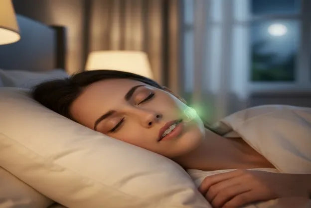 Person sleeping with night guard to prevent asymmetry