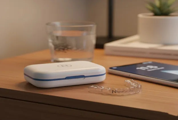 Close-up of custom Newsmile night guard on bedside table