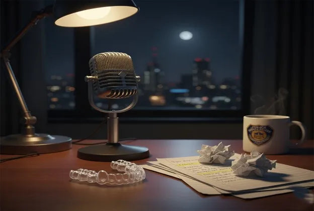 Night guard placed next to a microphone and notes, illustrating public speaking with dental protection