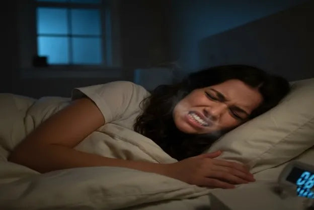 A peaceful person resting in bed with a relaxed expression, holding or wearing a clear night guard — warm bedroom lighting conveying calm and relief.