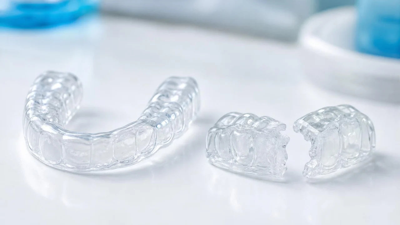 cracked custom night guard split in half on a white surface, Canada heavy-grinder dental guide