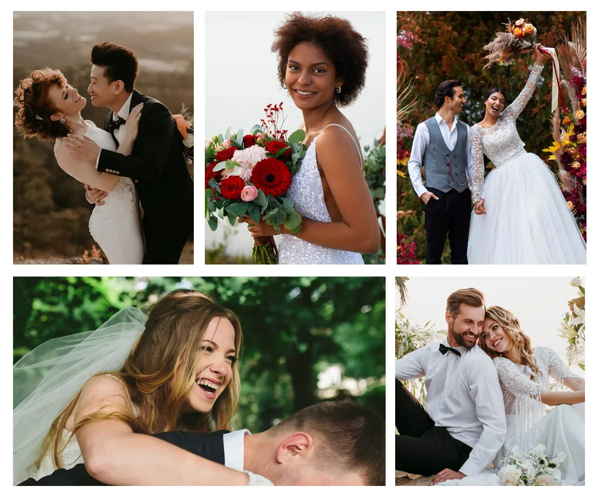 A collage of wedding photos featuring the bride and groom in various joyful moments throughout their celebration