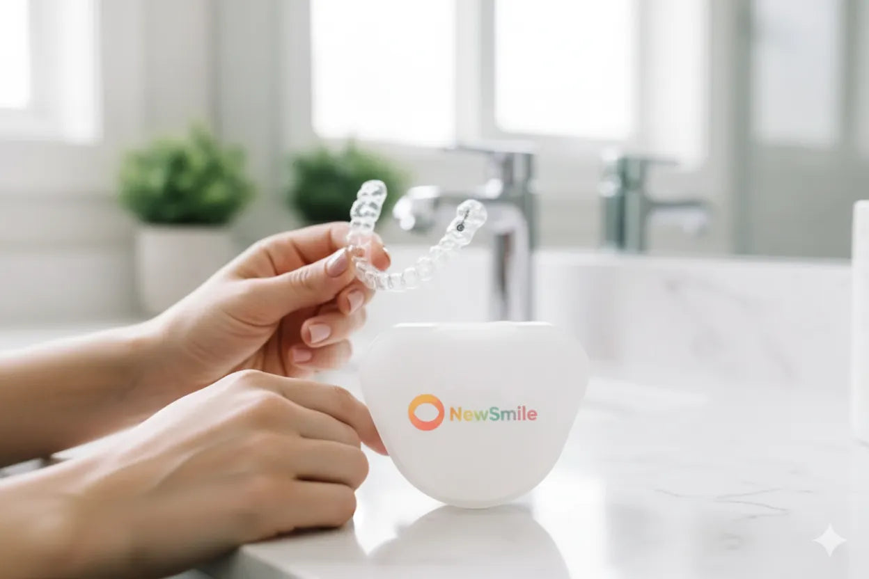  A person is holding an clear braces in front of a bathroom sink, ready for their oral hygiene routine