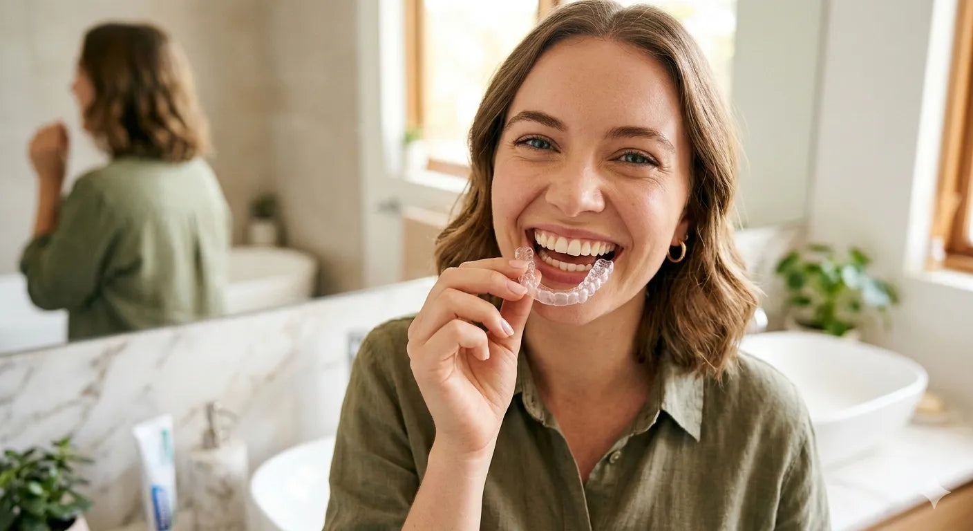 Close-up of a person holding a clear dental retainer for daily cleaning and maintenance