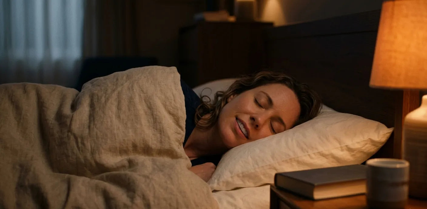 Adult sleeping comfortably at night with a NewSmile night guard to prevent teeth grinding