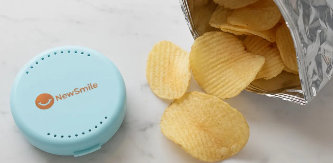 Potato chips with aligner case showing risk of damage