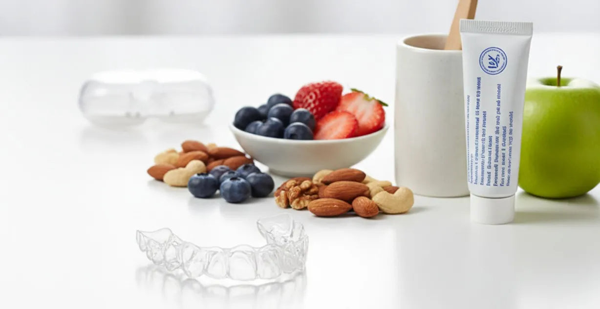 Clear aligners removed during meals to maintain dental hygiene and oral health