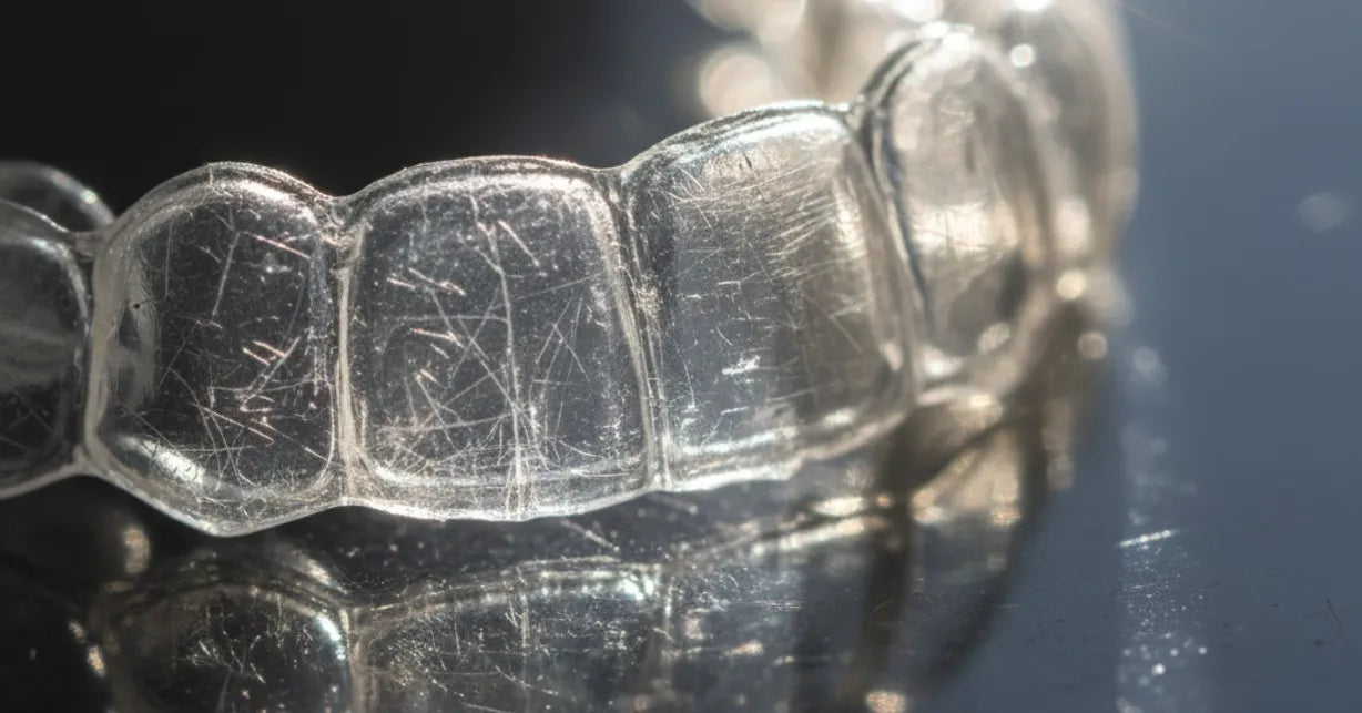 Aligner tray with micro-scratches from sharp foods