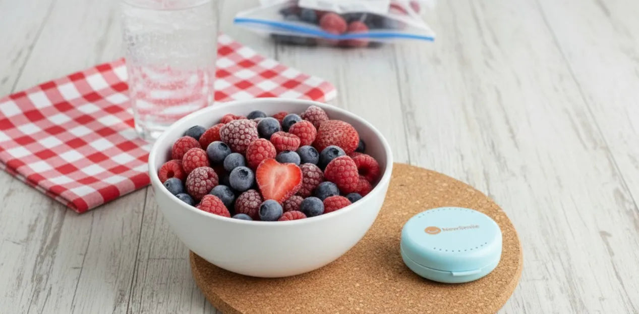 Frozen berries next to clear aligner case showing safe snacking