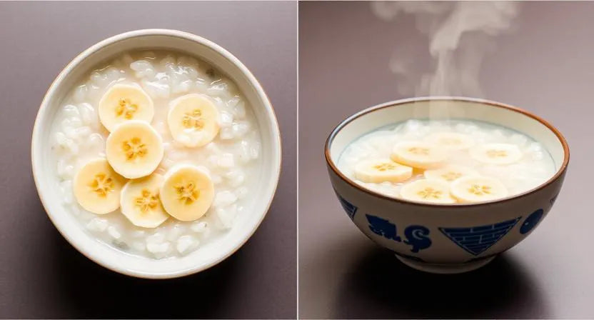 Warm rice porridge with soft banana, aligner-friendly breakfast.