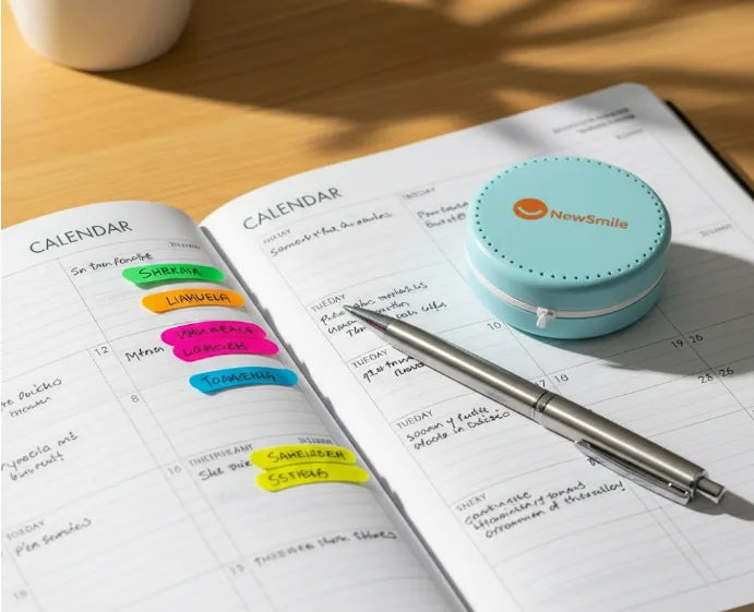 Calendar planner with retainer case beside pen.