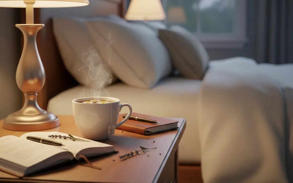Nighttime stress-reduction routine with journal and herbal tea.