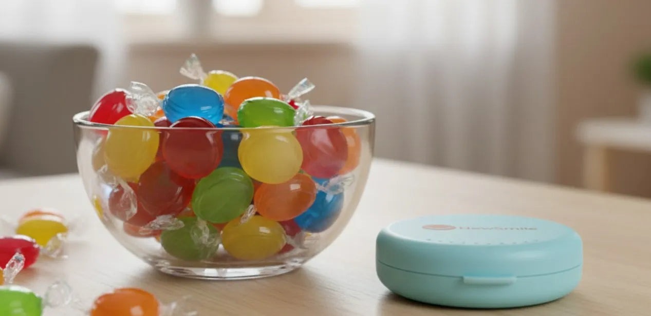 Hard candies next to clear aligners illustrating cracking risks
