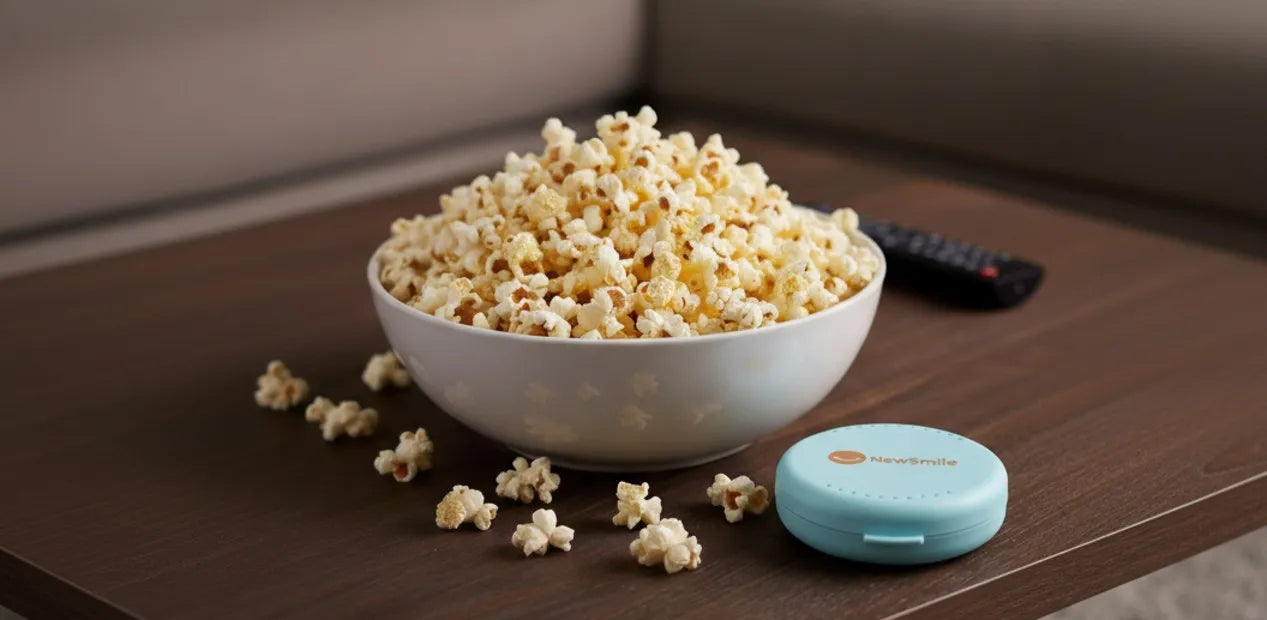 Popcorn next to clear aligner case illustrating risks of crunchy snacks