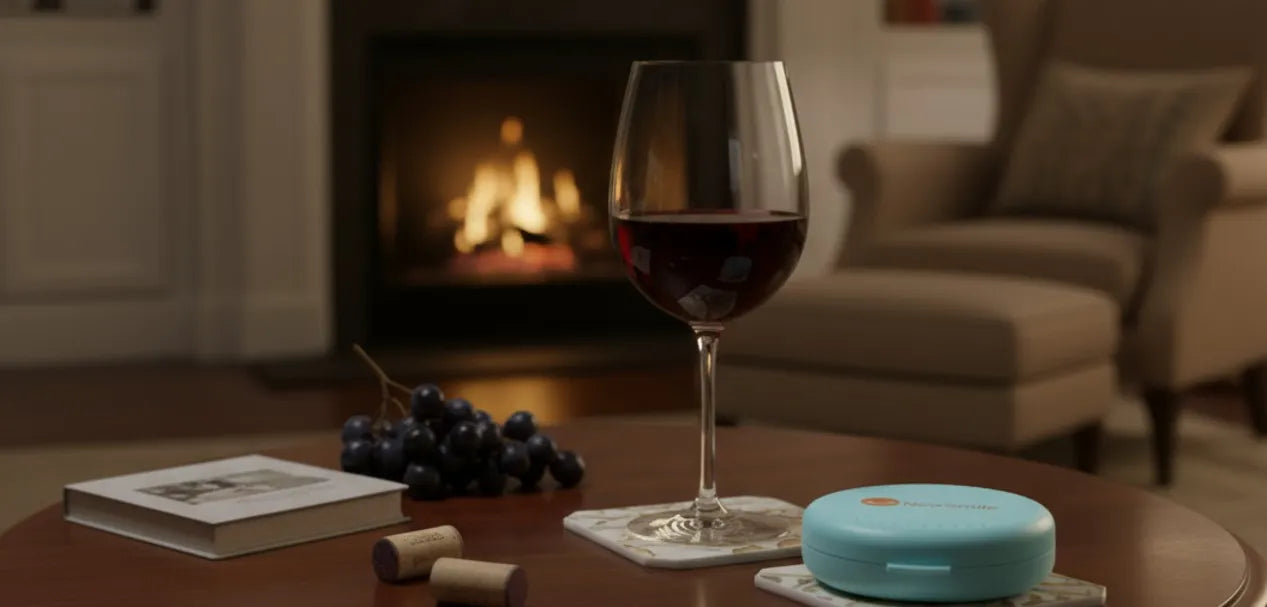 Red wine next to clear aligner case to illustrate staining risks