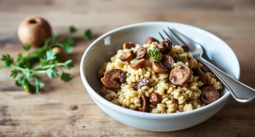 Creamy mushroom risotto—soft Italian rice dish for sore teeth.