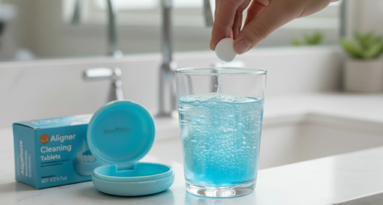 Retainer being cleaned with a tablet for fresh aligner care
