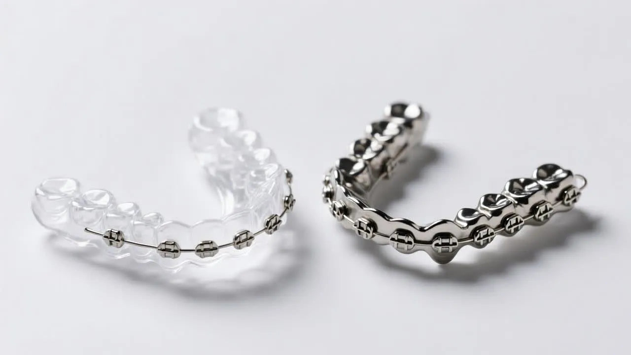 Clear aligner beside metal braces for treatment comparison