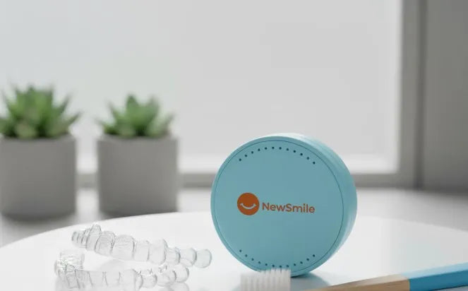 A close-up of clean aligners beside a branded case and toothbrush.