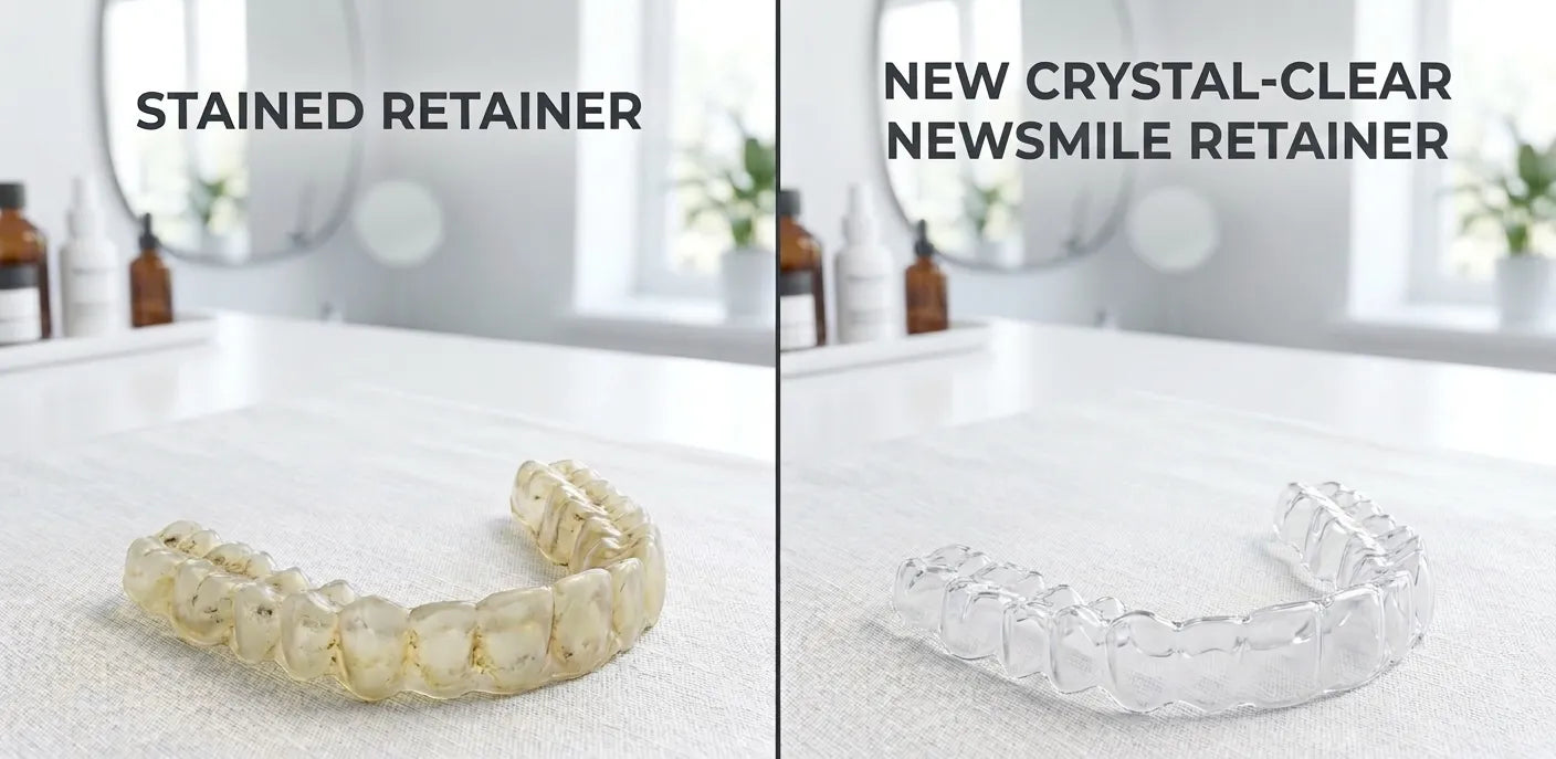 Close-up of a NewSmile clear retainer fitted over teeth, highlighting wear-resistant material