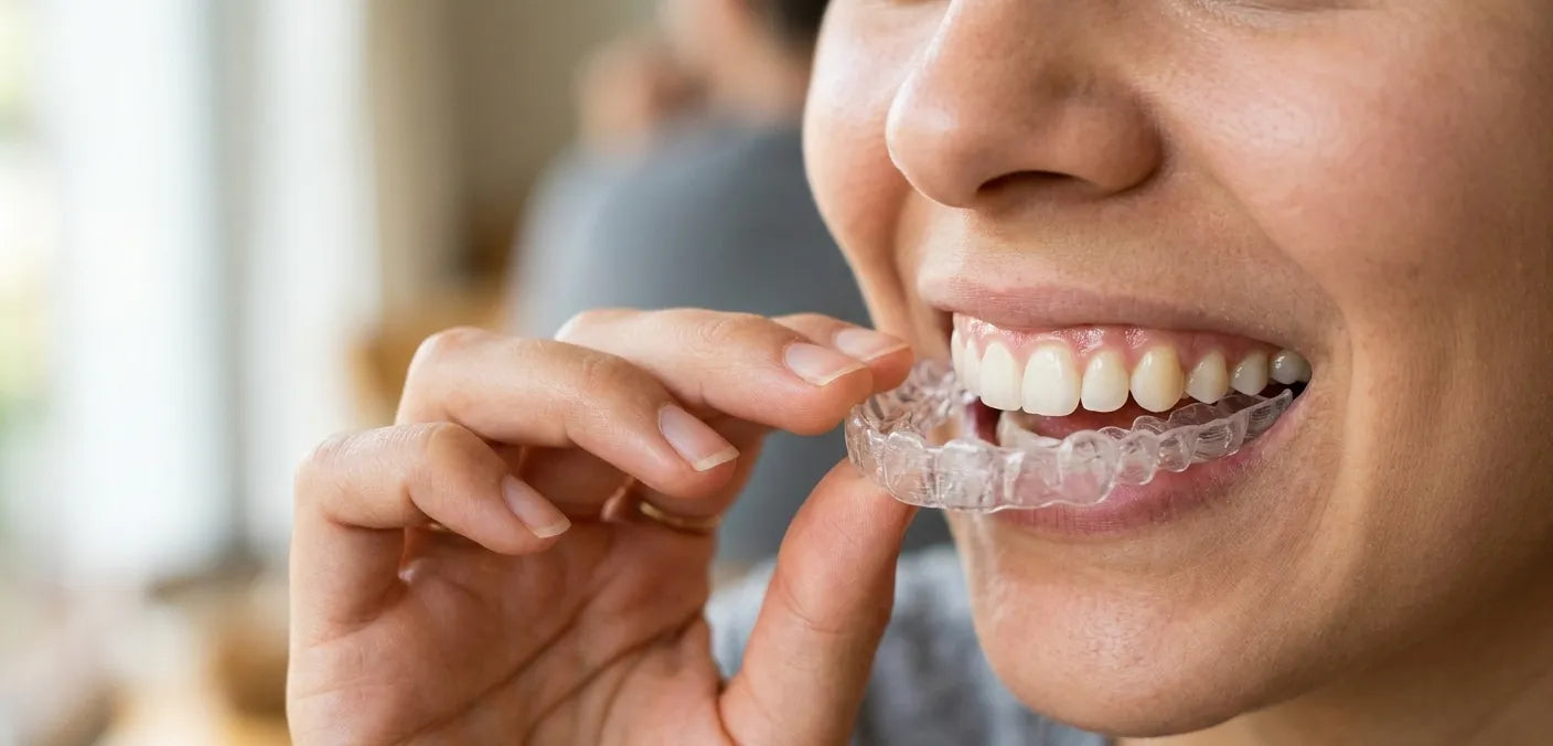 Close-up of clear retainers showing thin transparent design for comfortable daily wear.