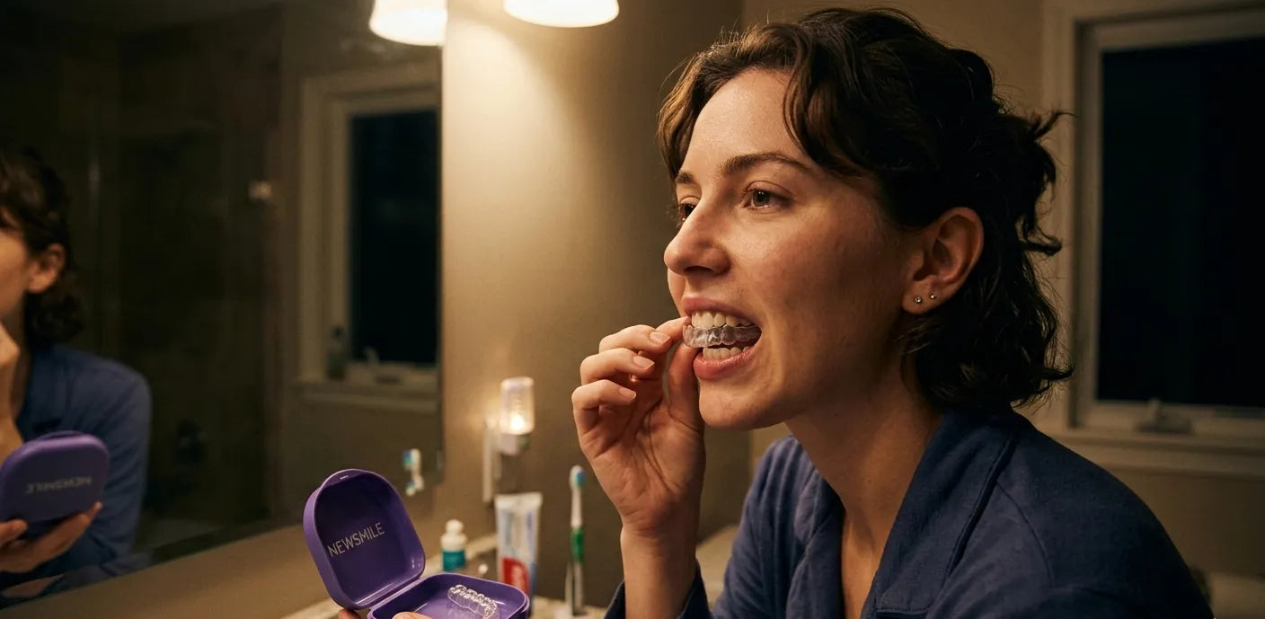 NewSmile clear retainer being worn at night to prevent teeth shifting and maintain orthodontic alignment