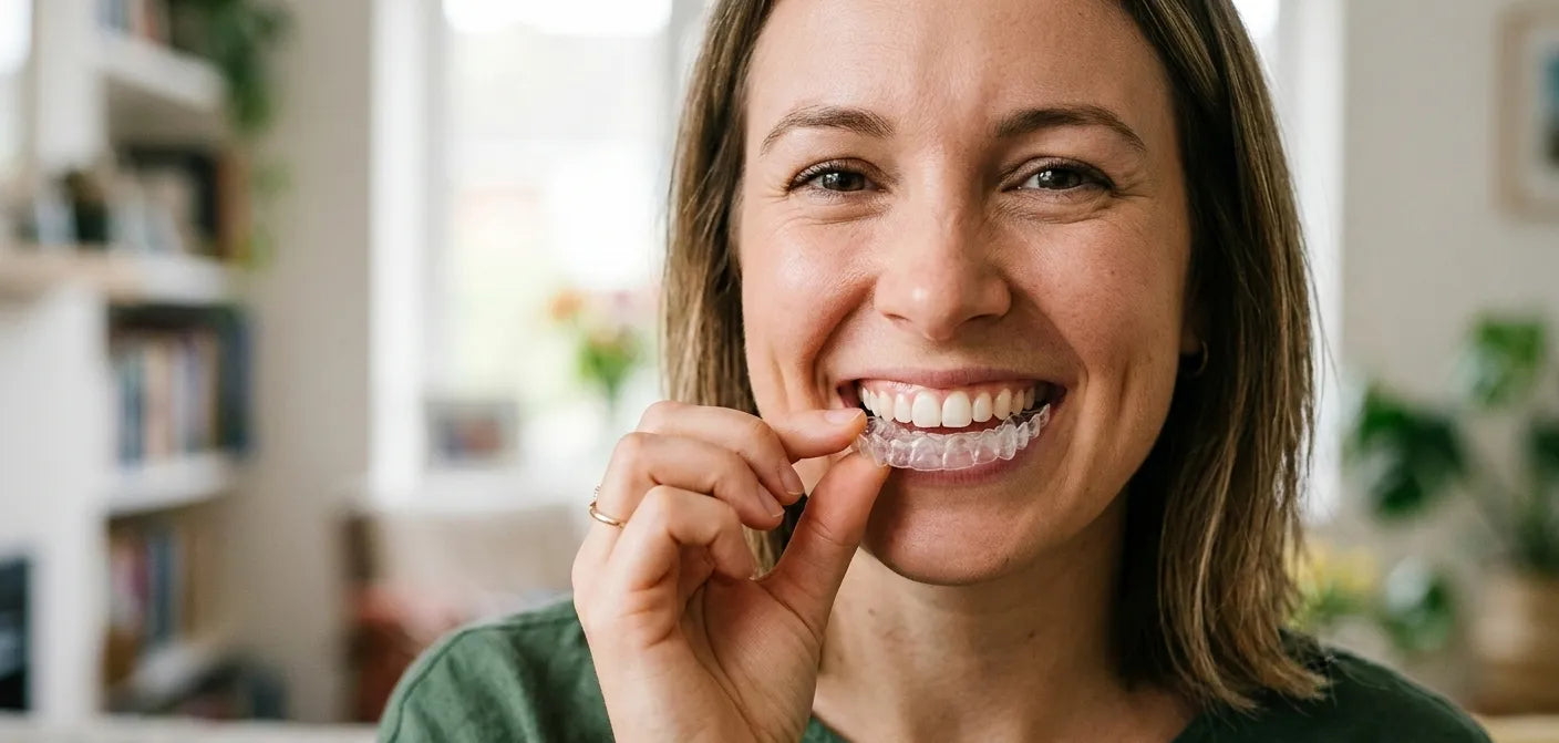 Adult smiling while holding a clear retainer for teeth alignment after braces