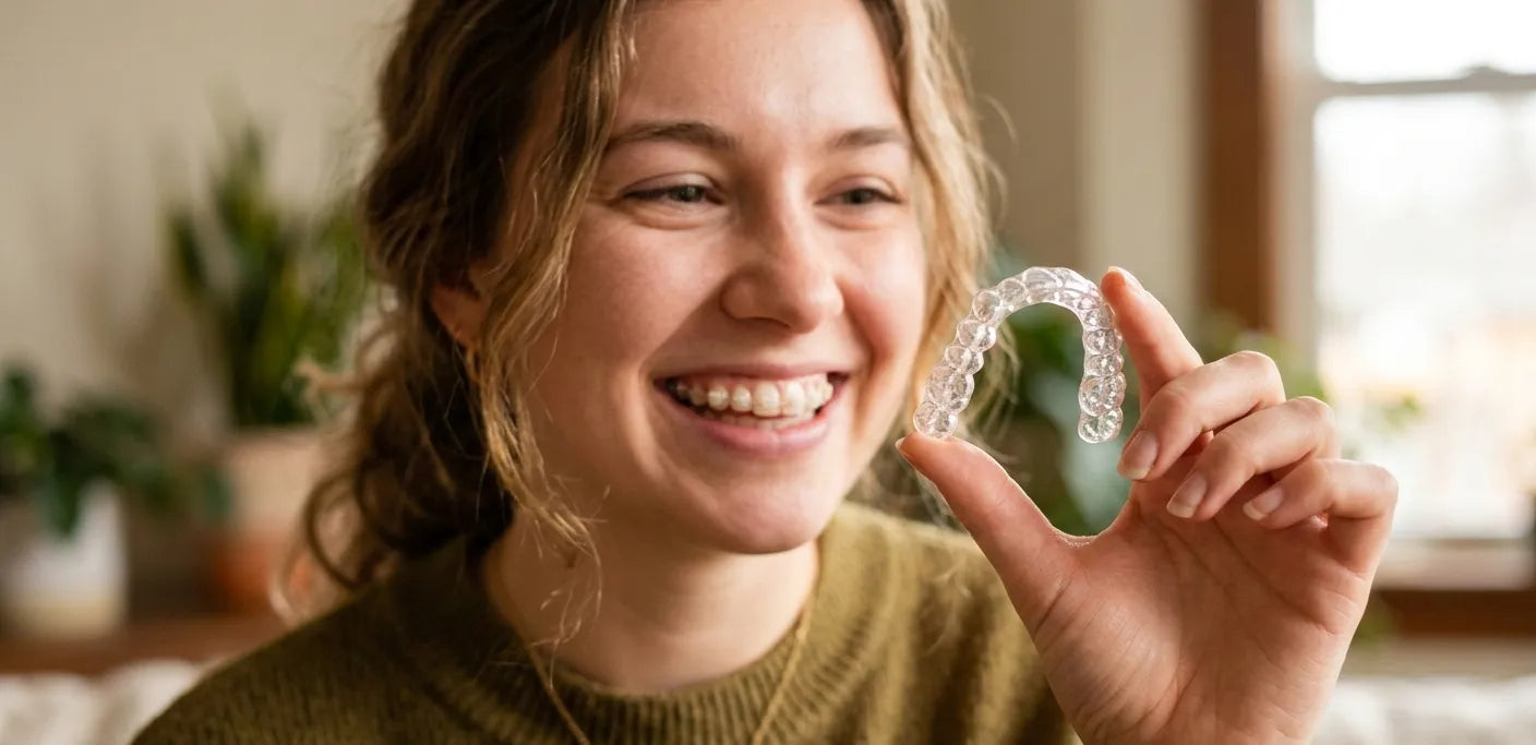 Person holding a clear retainer showcasing smooth edges and precise fit for orthodontic alignment