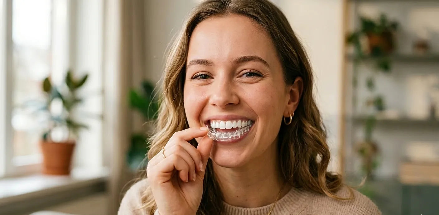 NewSmile clear retainer held next to teeth for long-term orthodontic maintenance