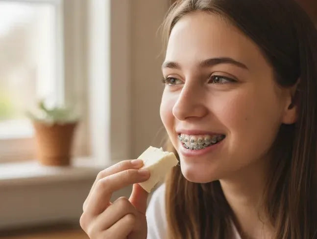 Close-up of a teen with braces happily eating a slice of soft cheese