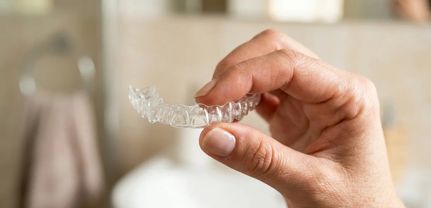 NewSmile clear retainer on dental model, showcasing discreet teeth alignment protection after braces