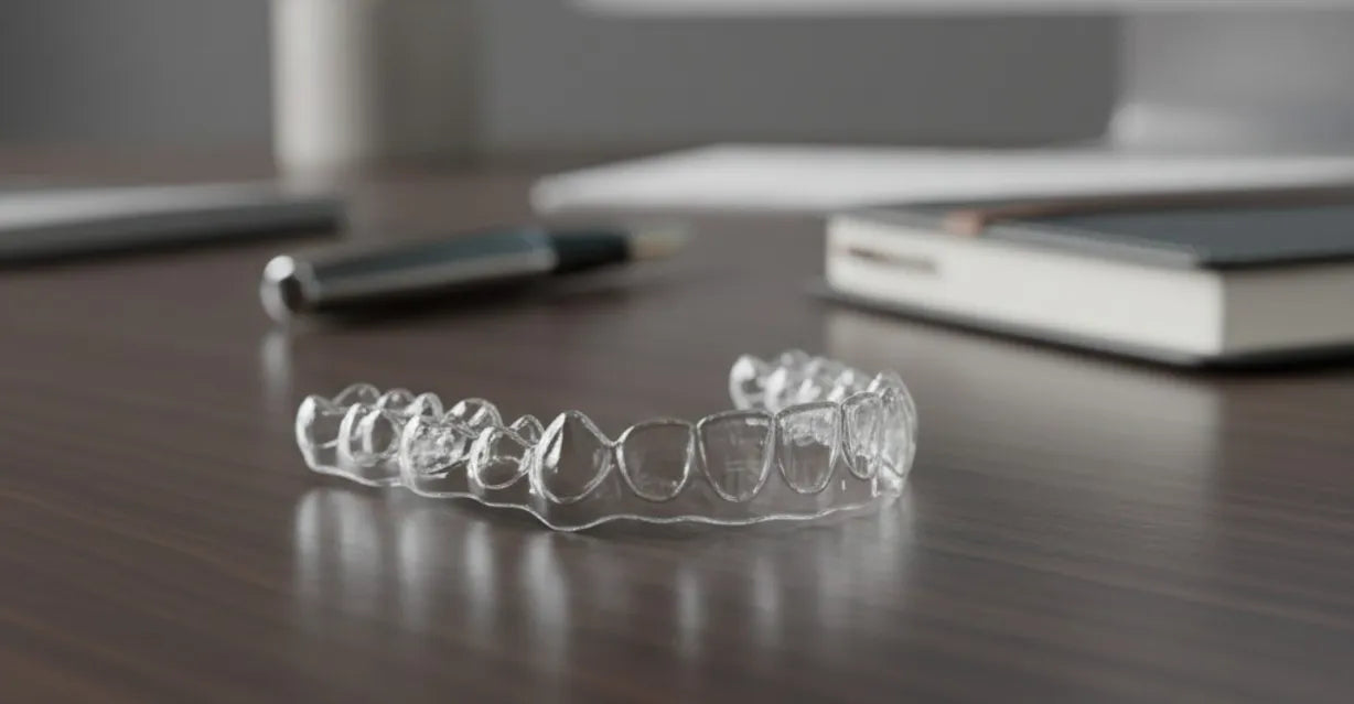Close-up of clear aligners in a professional setting, showing discreet teeth straightening