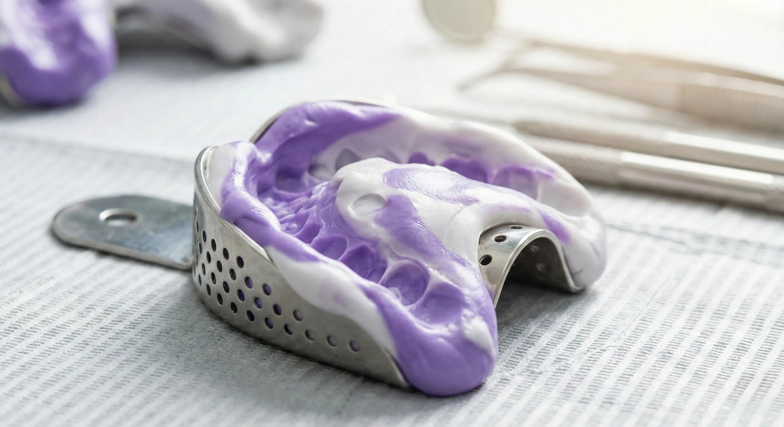 Dental impression tray filled with putty for custom retainer