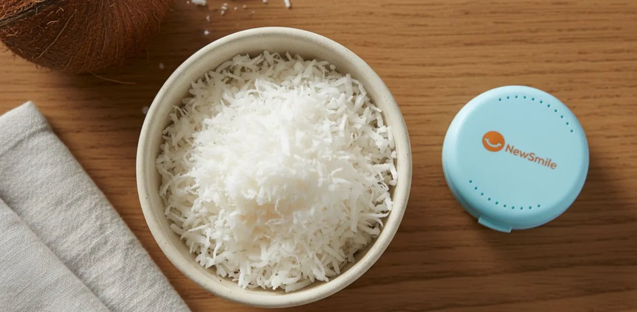Shredded coconut next to clear aligner case for safe snacking