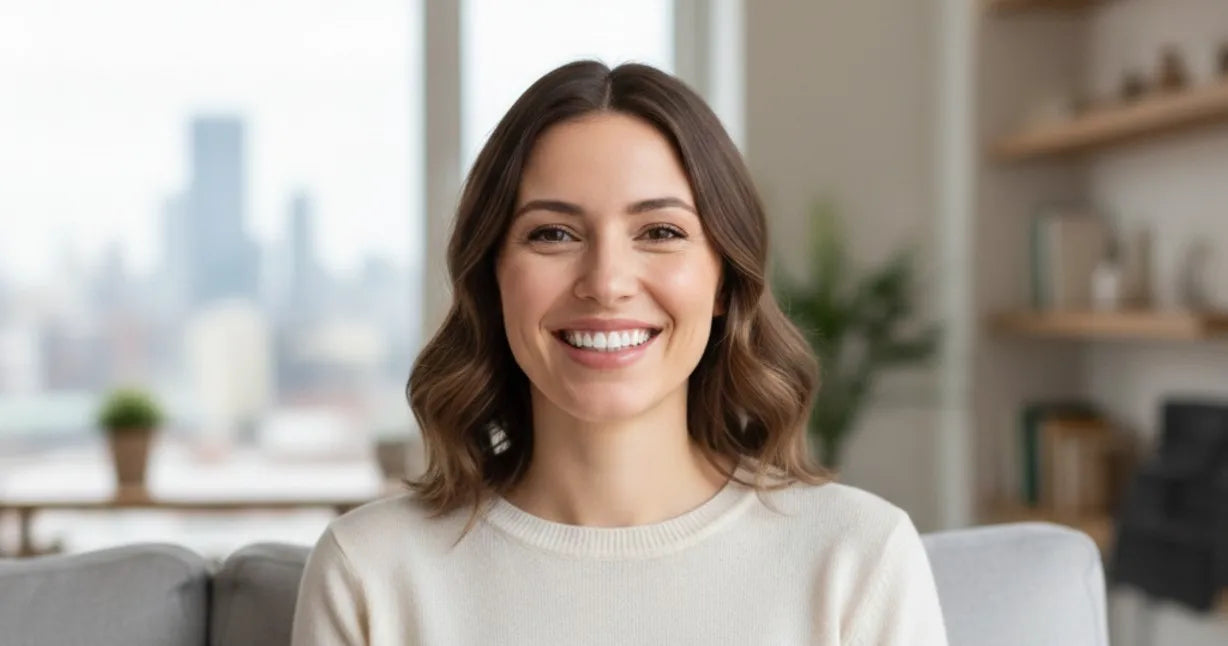 Happy adult showing straight teeth after using digitally scanned retainer from NewSmile