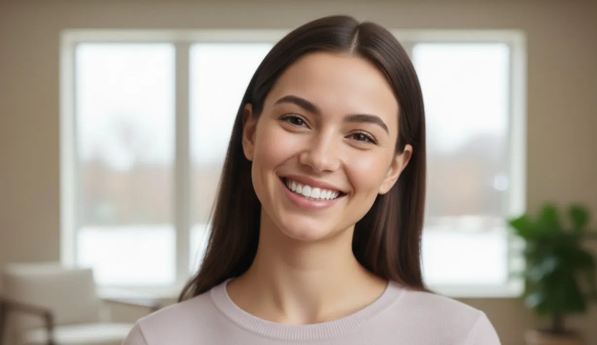 Happy adult smiling after completing nighttime aligner treatment for straight teeth
