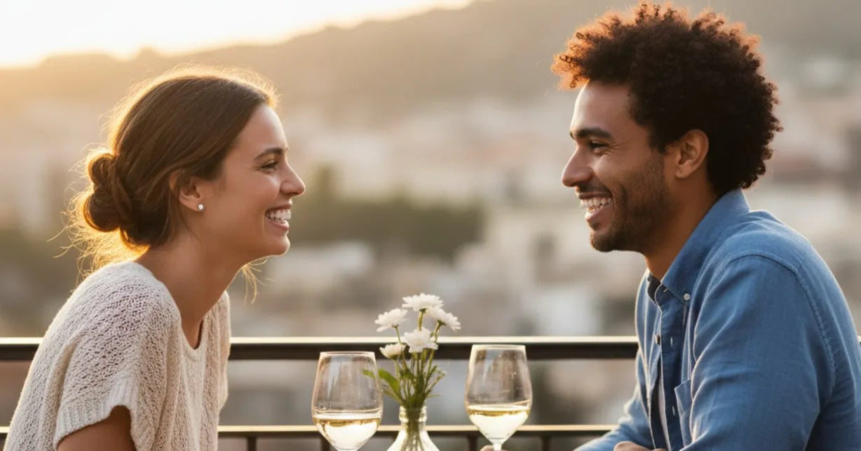 Couple smiling confidently on a date with clear aligners