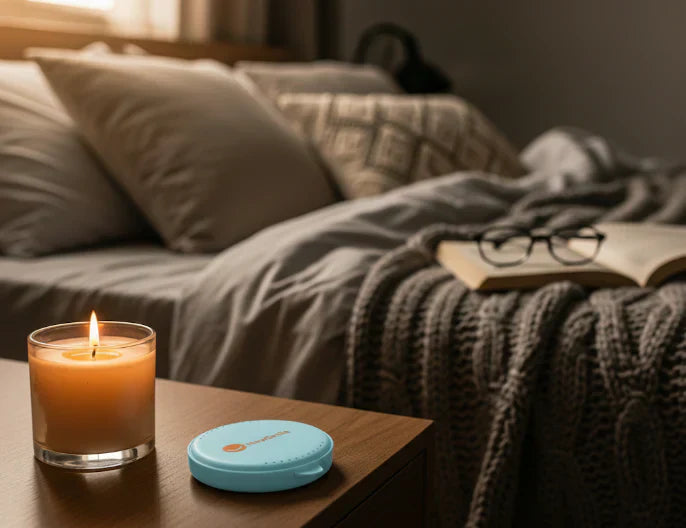 Cozy bedroom setting with guard case and candle.