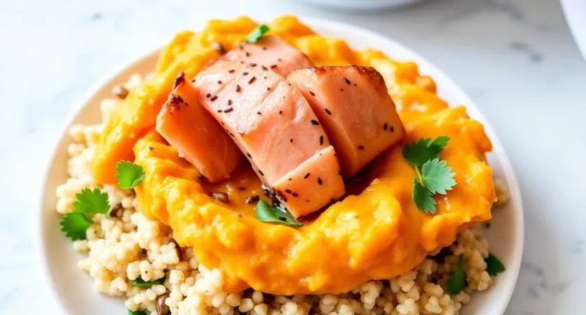 Creamy quinoa bowl with mashed sweet potato and flaked salmon—soft lunch bowl safe for aligner users.