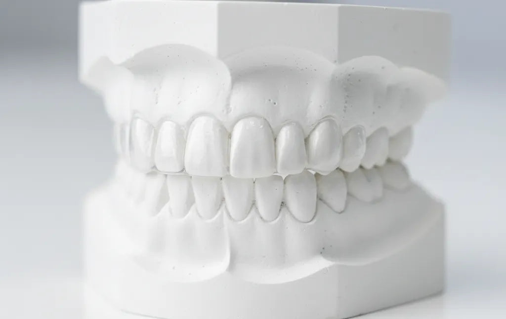 custom night guard fitted on a dental model close-up.