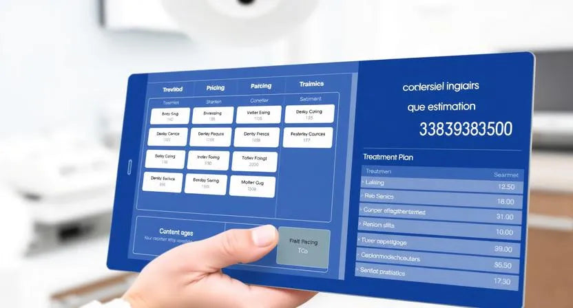 Dentist presenting clear aligner treatment cost estimate on screen