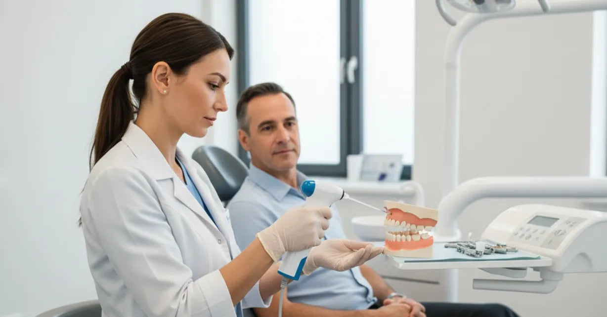 Dental professional showing proper water flosser technique