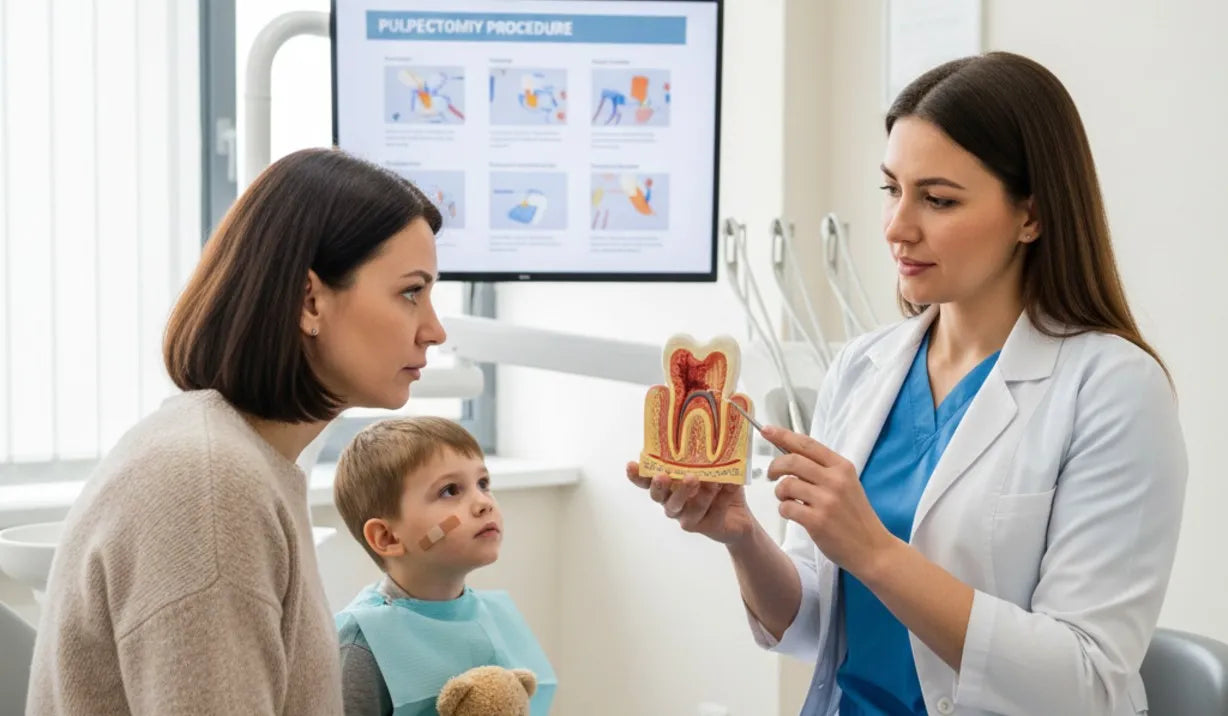 Orthodontist educating parent about pulpectomy