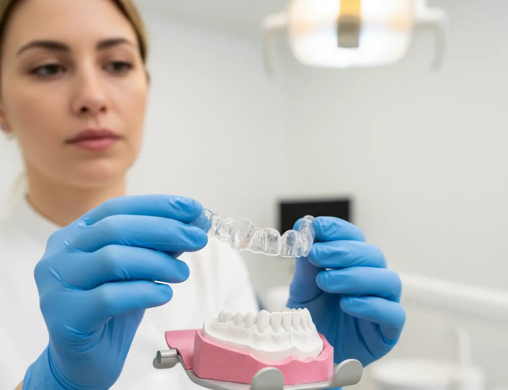 Dentist showing a custom night guard above a dental impression