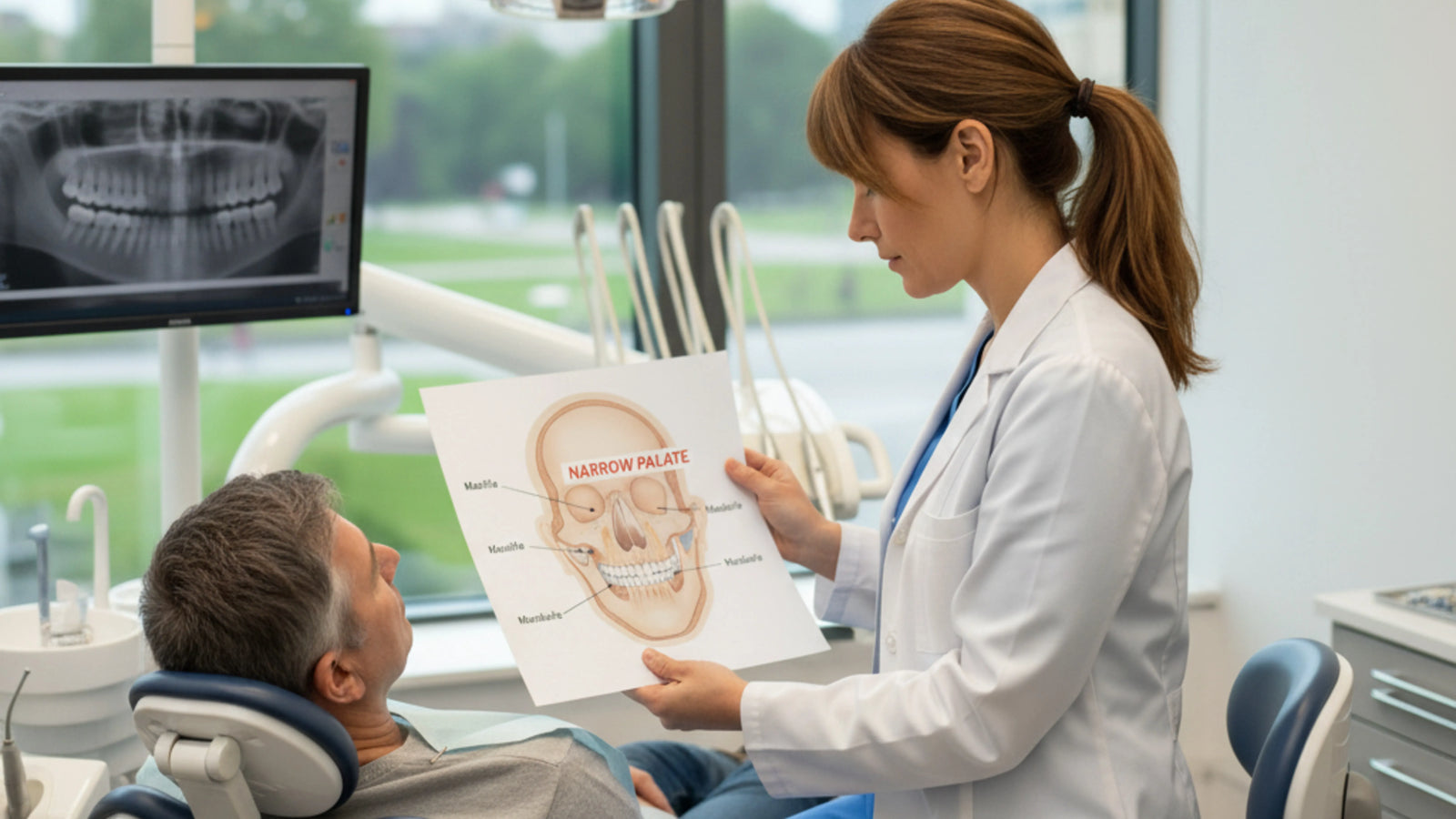 Dentist showing diagram of narrow palate to patient